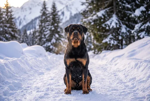 Rottweiler Sitting on Snowy Alpine Trail