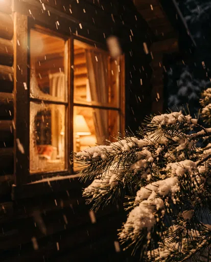 Snowy Pine Branches Outside Glowing Cabin Window