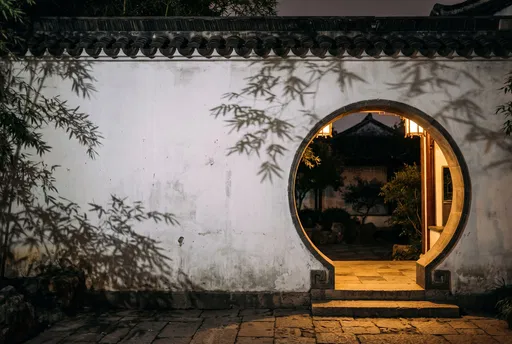 Traditional Chinese Moon Gate at Night