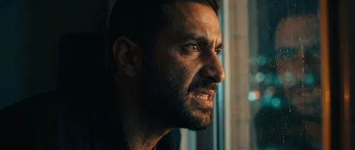 Tense Man Peering Through Night Window