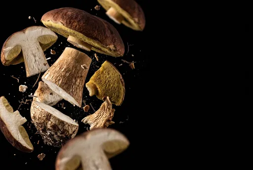 Floating Porcini Mushroom Slices on Black
