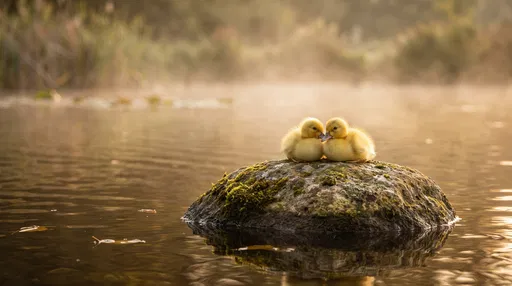 Two Yellow Ducklings on Mossy Pond Rock