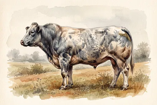 Watercolor Belgian Blue Cattle in Meadow