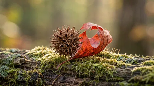 Sweetgum Pod and Autumn Leaf on Moss