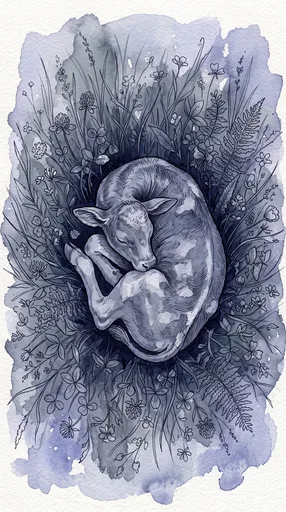 Watercolor Illustration of Sleeping Calf in Meadow