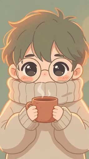 Cozy Chibi Character Holding Steaming Mug