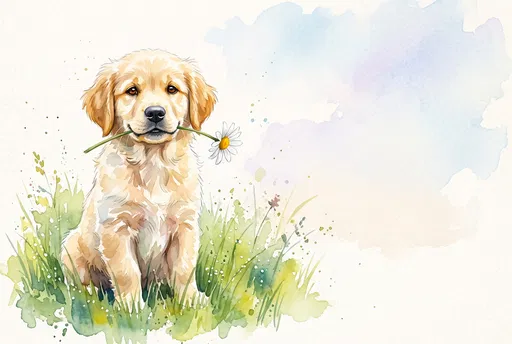 Watercolor Golden Retriever Puppy With Daisy