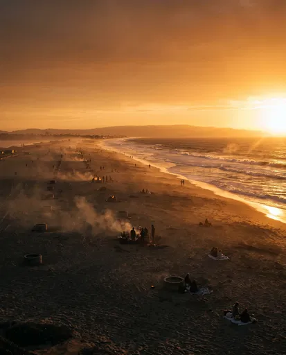 Golden Sunset Over Beach With Fire Pits