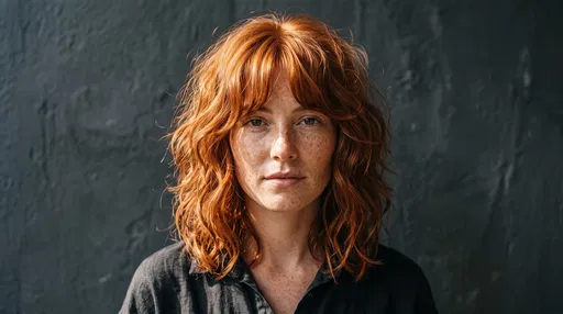 Freckled Woman with Copper Red Shag Haircut