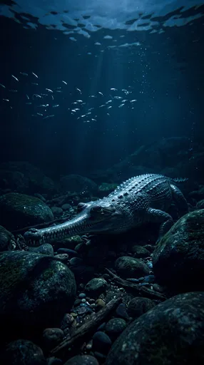 Gharial Lurking on Underwater Rocky Riverbed