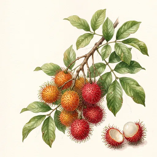 Botanical Watercolor Illustration of Rambutan Fruit