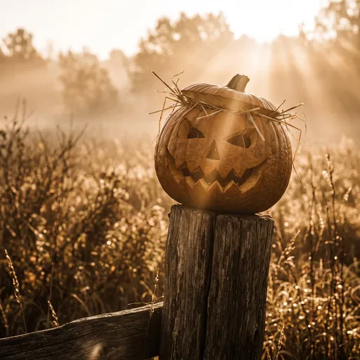 Carved Pumpkin on Wooden Fence Post