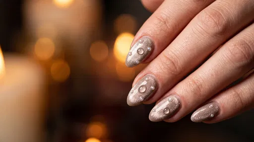 Champagne Velvet Nails With Pearl Accents