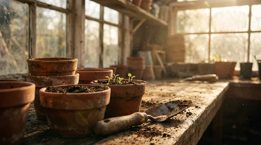 Seedlings in Terracotta Pots in Sunlit Shed