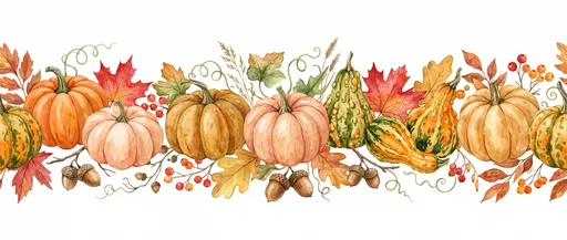 Watercolor Autumn Pumpkin and Leaf Border