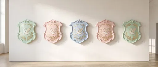 Pastel Porcelain Heraldic Shields on Gallery Wall