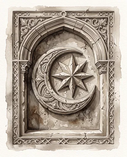 Watercolor Stone Crescent and Star Relief