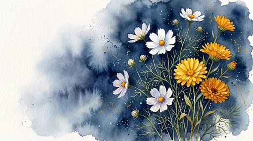 Watercolor Cosmos and Calendula on Indigo Wash