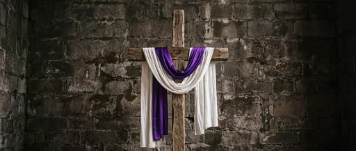 Rustic Wooden Cross With Purple and White Drapes