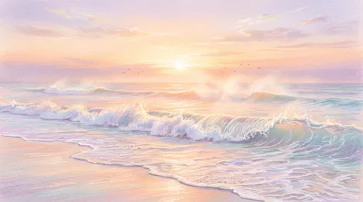 Pastel Sunrise Ocean Waves Illustration