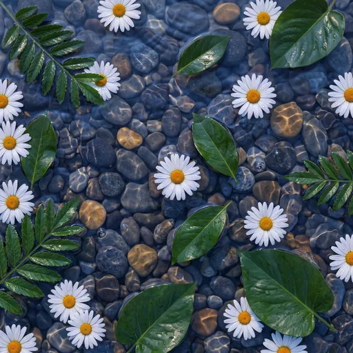 Daisies and Leaves Floating Over River Pebbles