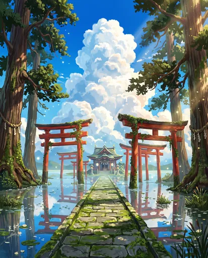 Anime Shrine Path Through Shallow Water