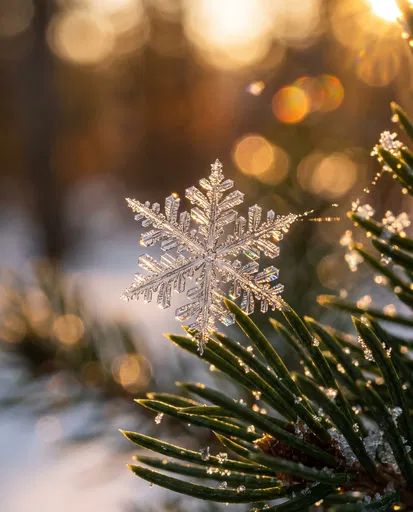 Golden Hour Macro Snowflake on Pine