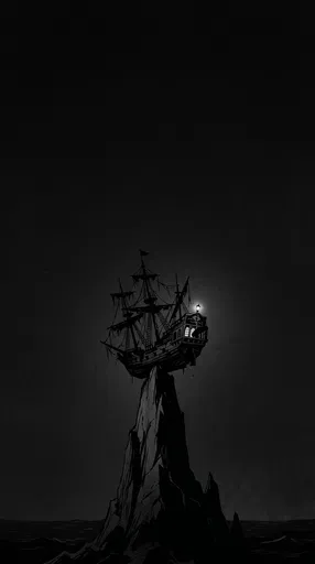 Monochrome Shipwreck Perched on Rock Spire