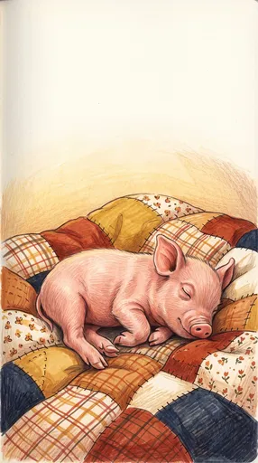 Sleeping Piglet on Patchwork Quilt Drawing