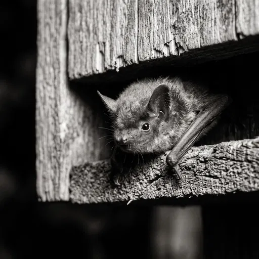 Monochrome Bat Peeking from Wooden Box