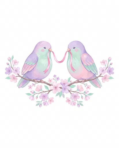 Pastel Lovebirds on Cherry Blossom Branch