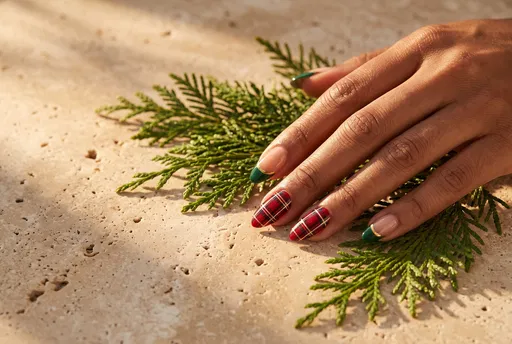 Festive Plaid and Green French Manicure