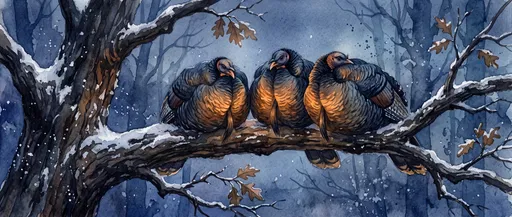 Watercolor Wild Turkeys Roosting on Snowy Branch