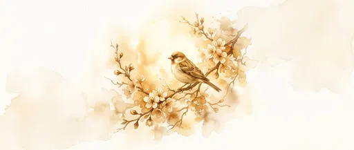 Golden Watercolor Songbird on Blossom Branch