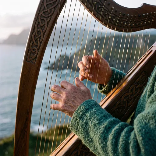 Hands Playing Carved Celtic Harp by Coast