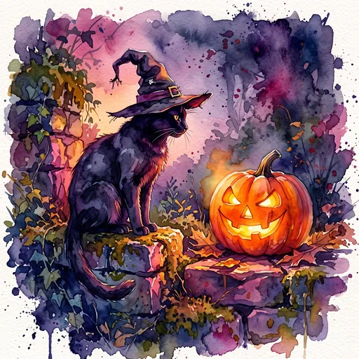 Watercolor Black Cat and Glowing Jack-O'-Lantern