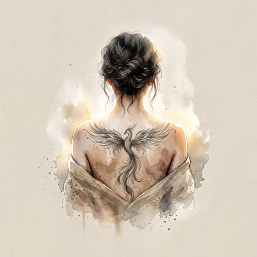 Watercolor Woman With Back Phoenix Tattoo