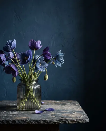 Blue and Violet Poppies in Glass Vase