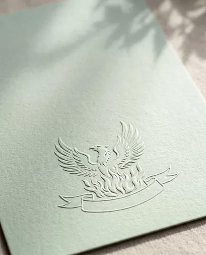 Embossed Phoenix Crest on Sage Stationery
