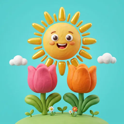 Smiling 3D Sun and Colorful Tulips