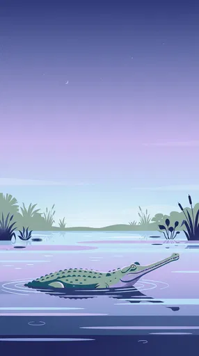 Gharial Crocodile in Twilight River Illustration