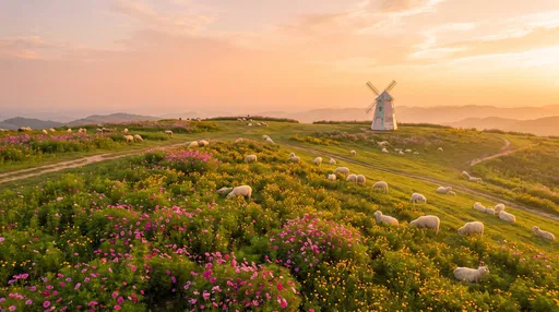 Sheep Grazing Near Pastel Windmill at Sunset