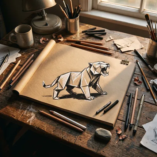 Geometric Tiger Sketch on Artist Desk