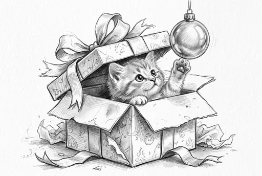 Pencil Sketch of Kitten in Christmas Box