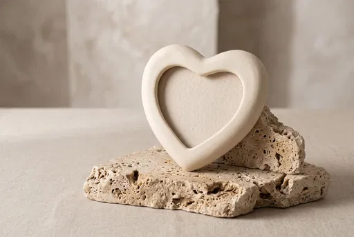 Minimalist Ceramic Heart Frame on Travertine