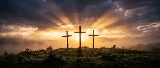 Three Wooden Crosses on Hilltop at Dawn