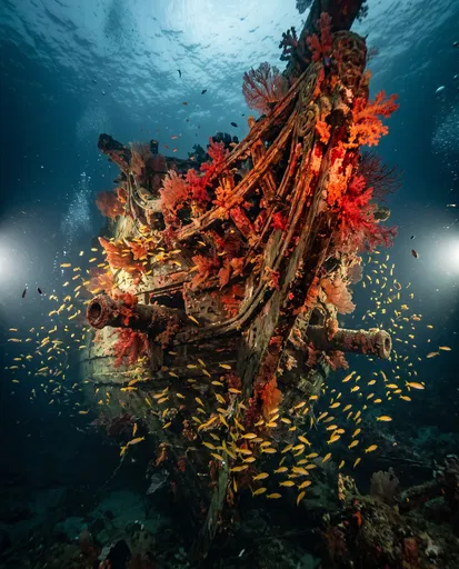 Sunken Pirate Shipwreck With Red Coral