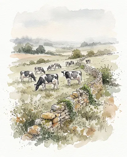 Watercolor Friesian Cows by Stone Wall