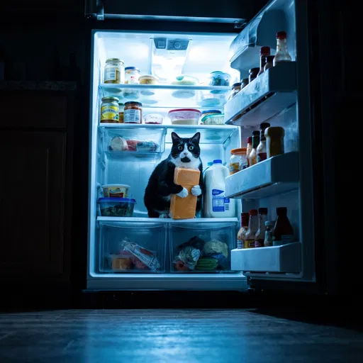 Surprised Cat Holding Cheese in Refrigerator