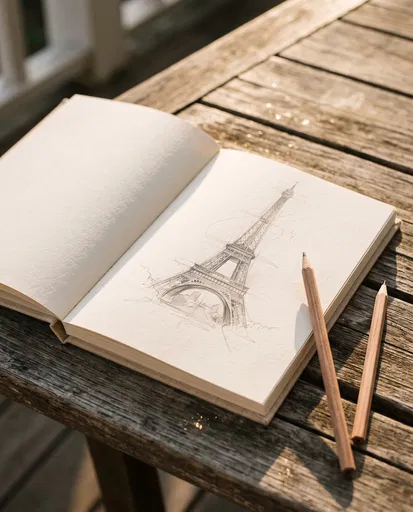 Eiffel Tower Sketch in Open Notebook